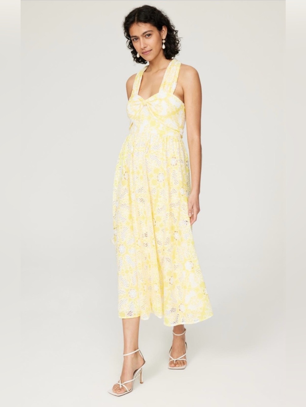 Badgley Mischka~Yellow Bow Lace Floral Eyelet Midi Dress~Size 4~$595~